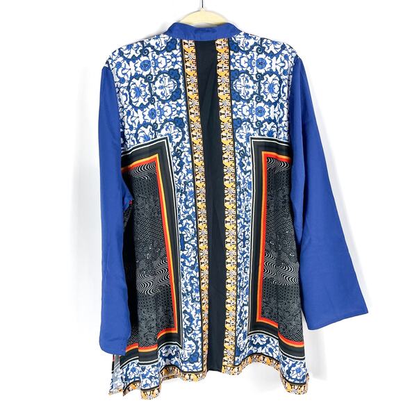 Citron Santa Monica Shirt Blue Printed Button Up Long Sleeve Collarless Sz 2X - Picture 7 of 8